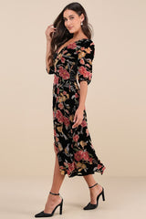 Gloriously Chic Black Floral Burnout Short Sleeve Midi Dress