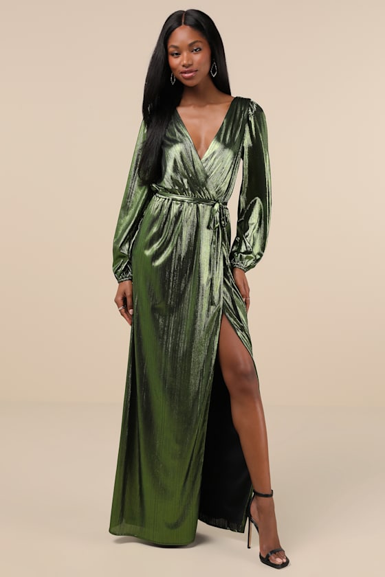 Extra Aesthetic Green Metallic Long Sleeve Surplice Maxi Dress