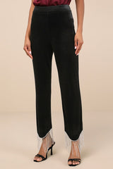 Lustrous Aura Black Velvet Rhinestone Fringe Cropped Pants