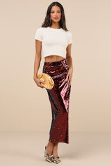 Dazzling Appearance Burgundy Sequin High-Rise Midi Skirt