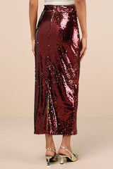 Dazzling Appearance Burgundy Sequin High-Rise Midi Skirt