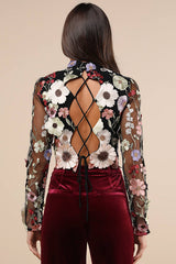 Fantastic Charisma Black 3D Floral Lace-Up Top
