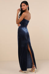 Divine Existence Navy Blue Velvet Tie-Front Strapless Maxi Dress