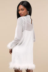 Immaculate Charisma White Mesh Feather Long Sleeve Mini Dress