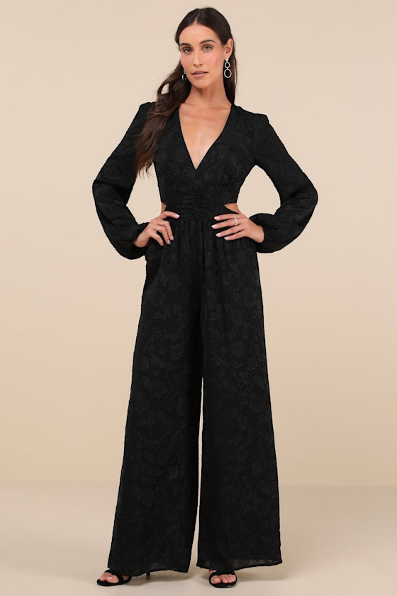 Ravishing Marvel Black Burnout Floral Cutout Wide-Leg Jumpsuit