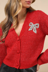 Wintery Sparkle Heather Red Rhinestone Bow Cardigan