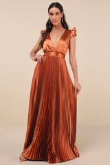 Exceptional Drama Rust Orange Satin Lace-Up Pleated Maxi Dress