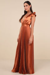 Exceptional Drama Rust Orange Satin Lace-Up Pleated Maxi Dress