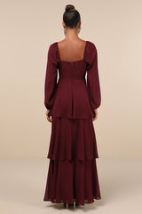 Tier to Enchant Burgundy Long Sleeve Tiered Maxi Dress