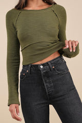 Easy Energy Olive Green Knit Raglan Sleeve Crop Top