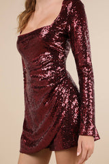 Marvelously Dazzling Burgundy Sequin Long Sleeve Skort Romper