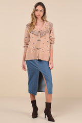 Playful Coziness Tan Bandana Print Fringe Button-Up Cardigan