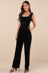 Adept Allure Black Velvet Sequin Tie-Strap Bodysuit