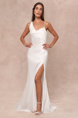 Unforgettable Adoration White Satin Asymmetrical Maxi Dress