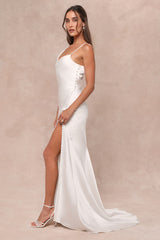 Unforgettable Adoration White Satin Asymmetrical Maxi Dress