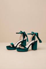 Sassyy Emerald Velvet Bow Platform Ankle Strap Sandals