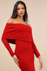 Cozy Excellence Heather Red Off-the-Shoulder Sweater Dress