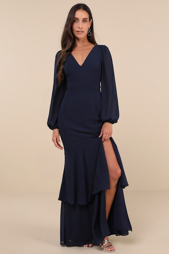Tier Elegance Navy Long Sleeve Tiered Maxi Dress