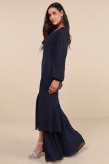 Tier Elegance Navy Long Sleeve Tiered Maxi Dress