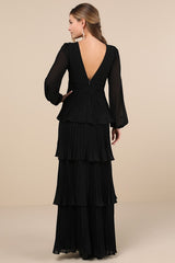 Graceful Finesse Black Pleated Long Sleeve Maxi Dress