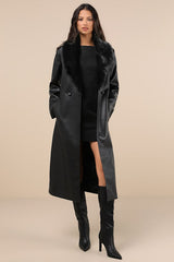 Iconic Experience Black Vegan Leather Faux Fur Trench Coat