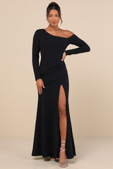 Elegant Sensation Navy Blue Asymmetrical Pleated Maxi Dress