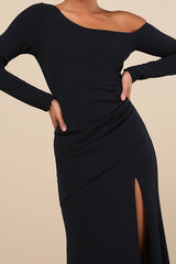 Elegant Sensation Navy Blue Asymmetrical Pleated Maxi Dress
