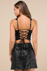 Elaborate Chicness Black Embossed Lace-Up Top