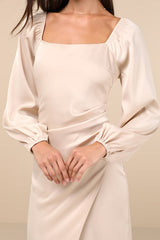Eternal Heart Champagne Satin Long Sleeve Maxi Dress
