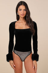 Toasty Allure Black Velvet Faux Fur Long Sleeve Bodysuit