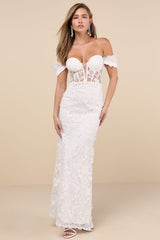 Midnight Sparkle White Embroidered Feather Bustier Maxi Dress