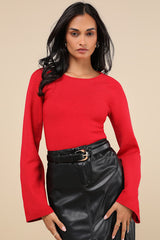 Modern Detail Red Cutout Bell Sleeve Sweater Top