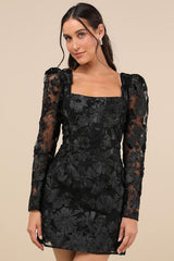 Masterfully Eloquent Black 3D Floral Mini Dress