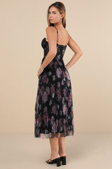 Alluring Invite Black Floral Pleated Bustier Midi Dress
