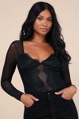 Stay Sultry Black Mesh Lace Long Sleeve Bodysuit