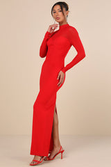 Sensational Appeal Red Mesh Cutout Long Sleeve Maxi Dress