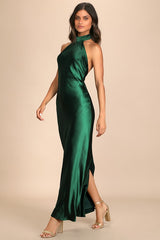Love in Your Life Emerald Green Satin Halter Maxi Dress