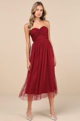 Perfect Whimsy Burgundy Mesh Strapless Midi Dress