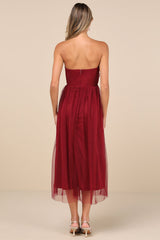 Perfect Whimsy Burgundy Mesh Strapless Midi Dress