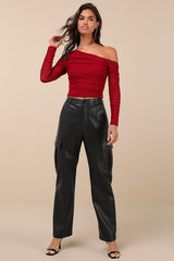 Popular Sparkle Wine Red Rhinestone Asymmetrical Crop Top