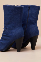 Klint Denim Ruched Pointed-Toe Ankle Boots