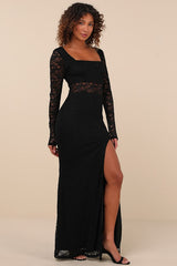 Sensationally Poised Black Lace Long Sleeve Maxi Dress