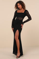 Sensationally Poised Black Lace Long Sleeve Maxi Dress
