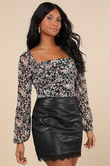 Mood Setter Black Floral Print Ruched Long Sleeve Top