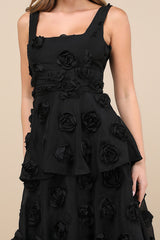 Exceptional Entrance Black Sleeveless Tiered Rosette Midi Dress