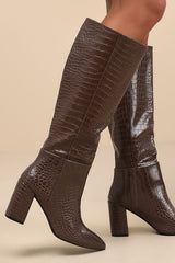 Katari Espresso Croc-Embossed Pointed-Toe Knee High Boots