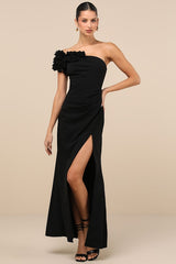 Beyond Elegant Black 3D Floral One-Shoulder Maxi Dress