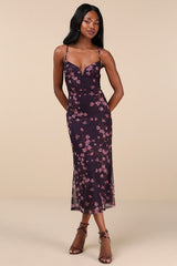 Total Crush Purple Floral Print Mesh Lace-Up Midi Dress