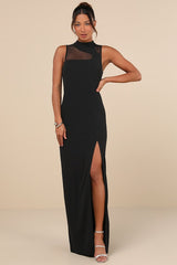 Irresistibly Modern Black Mesh Mock Neck Maxi Dress