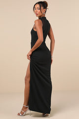 Irresistibly Modern Black Mesh Mock Neck Maxi Dress